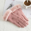 New Winter Female Lace Warm Cashmere Three Ribs Cute Bear Mittens Double thick Plush Wrist Women Touch Screen Driving Gloves 81C